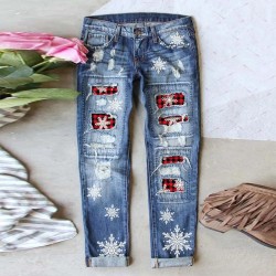 2025 European and American cross-border straight jeans for women, Christmas snowflake print patchwork ripped denim pants in stock
