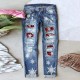 2025 European and American cross-border straight jeans for women, Christmas snowflake print patchwork ripped denim pants in stock