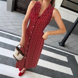 2025 hot-selling French floral maxi dress, lapel, heart-shaped contrast midi dress, slimming waist, sleeveless dress.