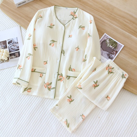 Women's padded pajamas, V-neck pure cotton double-layer gauze long sleeves, thin spring and summer loungewear two-piece set.