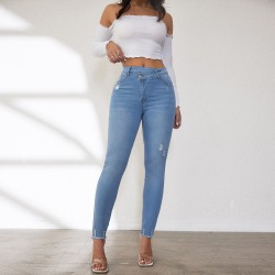 Factory Direct Foreign Trade Jeans for Women: Spring 2024 Elastic High-Waisted Slimming Raw-Edge Straight-Leg Pants