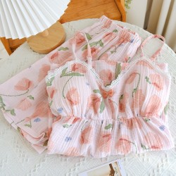 2023 new summer pajamas, pure cotton gauze, thin shorts and plus-size loungewear, two-piece set.