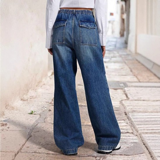2025 spring new European and American cross-border mid-waisted wide-leg pleated loose jeans for women, street retro straight-leg pants