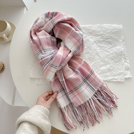 A versatile pink dotted plaid scarf for autumn and winter, perfect for couples, with a tasseled design for warmth.