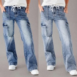 2025 Cross-Border European and American Cross-Border 2025 Autumn New Lace-Up Jeans: Women's Loose Straight-Leg Casual Work Pants: In Stock