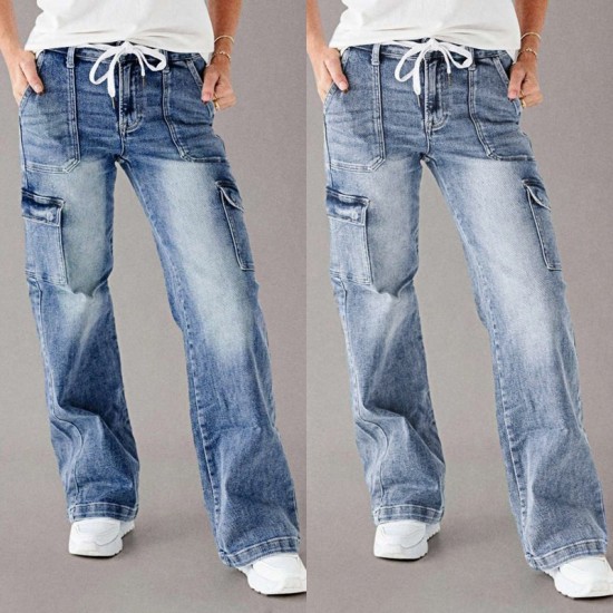 2025 Cross-Border European and American Cross-Border 2025 Autumn New Lace-Up Jeans: Women's Loose Straight-Leg Casual Work Pants: In Stock