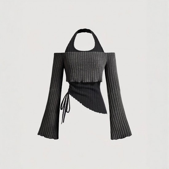 Cross-border European and American women's long-sleeved T-shirts. Contrast-color two-piece halter neck sweater, slimming and hot girl top. Cross-border European and American women's long-sleeved T-shirts. Contrast-color two-piece halter neck sweater, slimming and hot girl top.