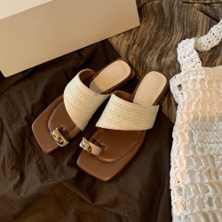 Women's thick-heeled vacation-style straw flip-flops (Summer outdoor wear, 2024 new style, French-style flip-flops) Slippers