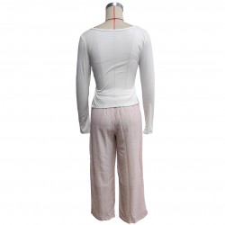 Women's suit: New solid color square-neck, long-sleeved, gathered, side-slit top, T-shirt, women's casual two-piece trousers.