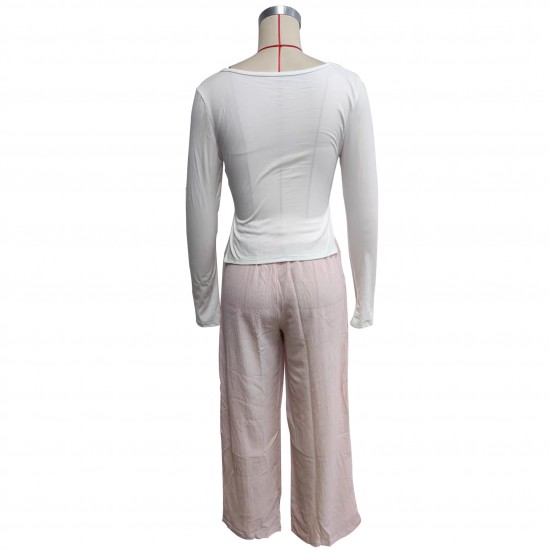 Women's suit: New solid color square-neck, long-sleeved, gathered, side-slit top, T-shirt, women's casual two-piece trousers.
