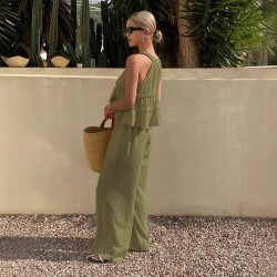 Spring and summer new style ruffled off-the-shoulder halter neck sleeveless shirt for women, fashionable elastic waist casual wide-leg pants set