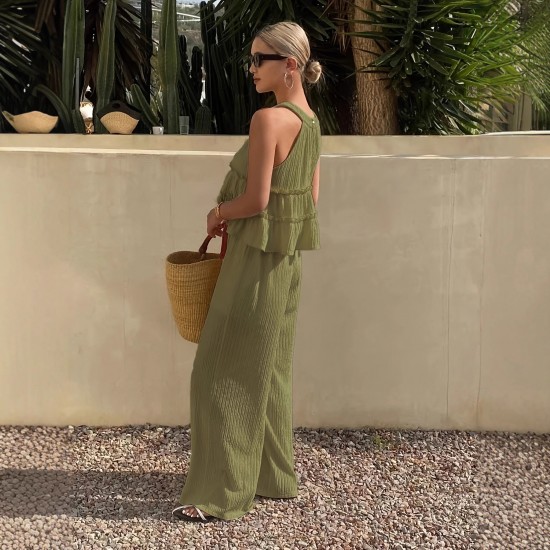 Spring and summer new style ruffled off-the-shoulder halter neck sleeveless shirt for women, fashionable elastic waist casual wide-leg pants set