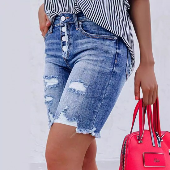 2025 Amazon Cross-Border Slim-Fit Buttoned Denim Shorts: Streetwear Ripped Raw-Edged Skinny Shorts for Women