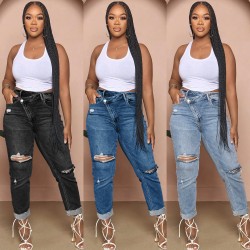 Factory direct 2025 new cross-border ripped high-waisted jeans for women, slim-fitting skinny jeans in stock.