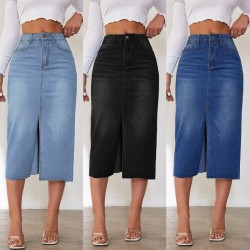 Factory direct sales, foreign trade, 2025 American retro non-stretch denim shorts Women's midi-length slit skirt
