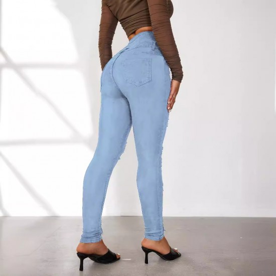2025 New European and American Cross-Border Super High-Waisted Ripped Jeans: Tight-Leg Slimming Skinny Pants for Women