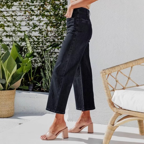 2025 autumn new European and American cross-border buttoned stretch jeans for women, high-waisted, stylish, and slimming washed straight-leg jeans.