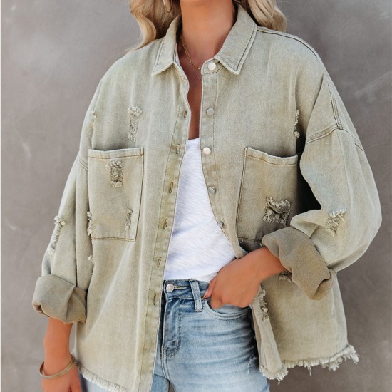 Factory direct sales of 2025 new cross-border European and American lapel, long-sleeved, retro, street style, ripped, raw-edge denim jacket for women.