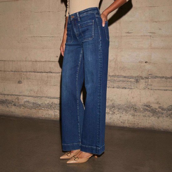 2025 spring new European and American high-waisted jeans for women, slimming, wide-leg, retro, elegant straight-leg pants.