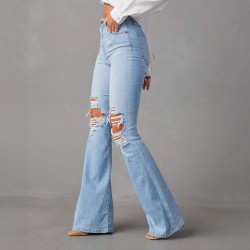 Factory direct sales of 2025 new cross-border European and American high-waisted, ripped jeans for women, street style, flared pants.