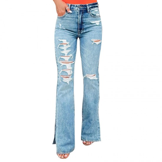 Factory direct sales of 2025 new cross-border European and American women's jeans, high-waisted, ripped, slightly flared, slit pants