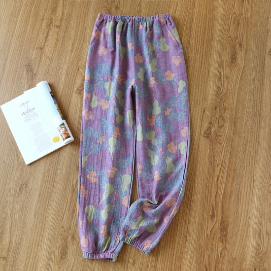 Summer women's cropped pajamas, pure cotton washed cotton plaid loungewear, loose, all-cotton casual pants, suitable for outer wear