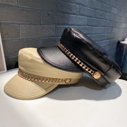 Chained leather beret for women, British retro octagonal hat, Japanese influencer Korean style, versatile PU leather painter hat