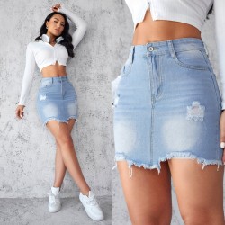 European and American Cross-border 2025 Summer New Slim-Fit Ripped Denim Skirt for Women Light-Color Washed Raw-Edge A-Line Skirt