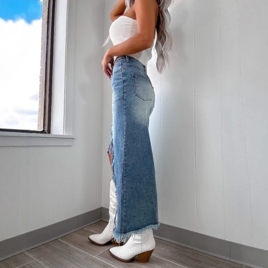 Amazon cross-border 2025 Spring new high-waisted, irregular, raw-edge denim skirt for women, distressed and washed. Amazon cross-border 2025 Spring new high-waisted, irregular, raw-edge denim skirt for women, distressed and washed.