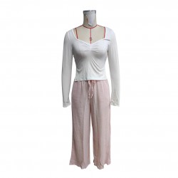 Women's suit: New solid color square-neck, long-sleeved, gathered, side-slit top, T-shirt, women's casual two-piece trousers.