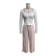 Women's suit: New solid color square-neck, long-sleeved, gathered, side-slit top, T-shirt, women's casual two-piece trousers.