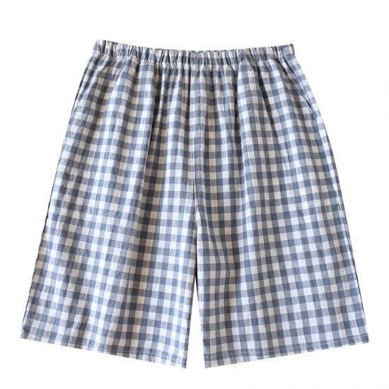 Couples' pure cotton washed cotton plaid shorts, men's and women's, soft, loose summer beach pants, large-size.