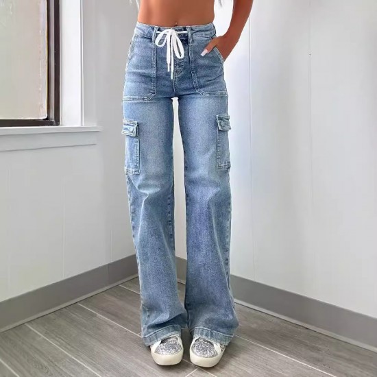 Factory direct sales of 2025 new straight-leg jeans for women, American casual, lace-up, multi-pocket functional work pants, in stock. Factory direct sales of 2025 new straight-leg jeans for women, American casual, lace-up, multi-pocket functional work pants, in stock.
