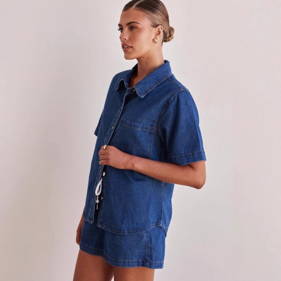 Casual style 2025 summer new cross-border foreign trade washed retro solid color short-sleeved shirt and shorts denim suit for women