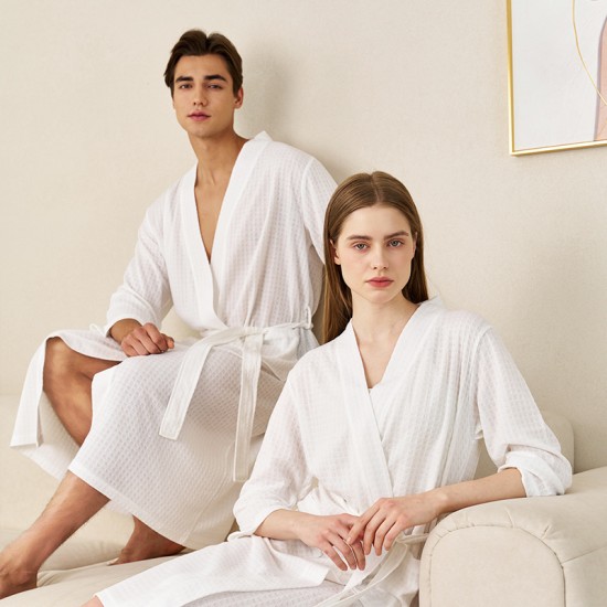 Summer thin absorbent waffle bathrobe for women, simple and sexy mid-length summer robe for men, breathable bath towel pajamas