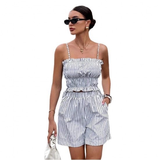 Cross-border European and American women's clothing: 2025 spring/summer stylish striped short top and bottom set. Cross-border European and American women's clothing: 2025 spring/summer stylish striped short top and bottom set.