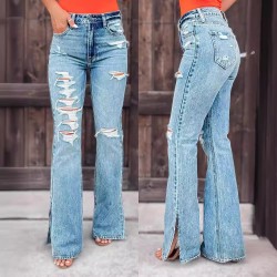 Factory direct sales of 2025 new cross-border European and American women's jeans, high-waisted, ripped, slightly flared, slit pants