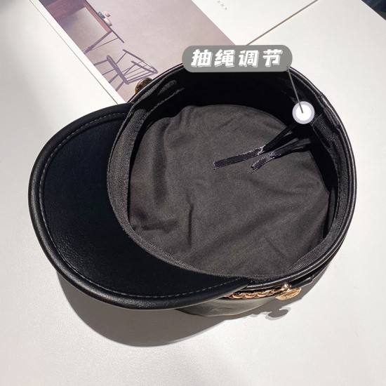 Chained leather beret for women, British retro octagonal hat, Japanese influencer Korean style, versatile PU leather painter hat