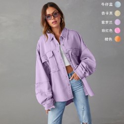 Cross-border foreign trade casual long-sleeved denim jacket, 2025 autumn new washed solid color midi jacket