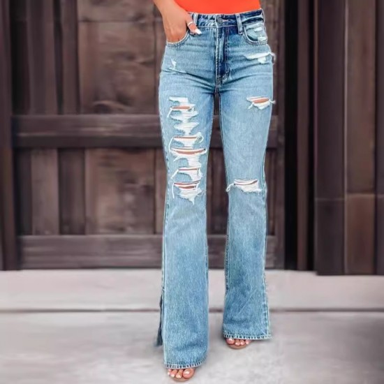 Factory direct sales of 2025 new cross-border European and American women's jeans, high-waisted, ripped, slightly flared, slit pants