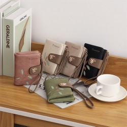 Lianbu new women's short wallet, two-fold, soft PU wallet with fashionable leaf print, buckle, zippered wallet, student wallet.