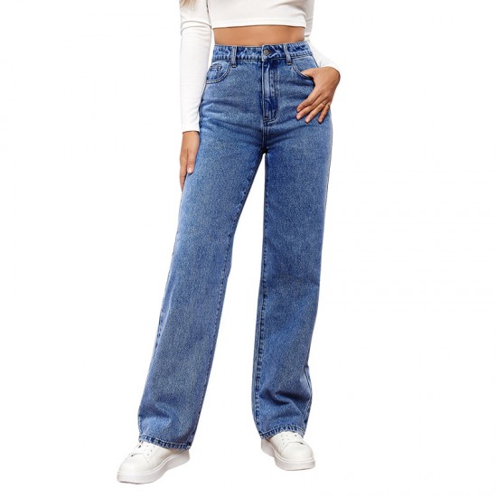 2025 new cross-border European and American high-waisted washed women's jeans, Amazon's fashionable and versatile long straight-leg pants.