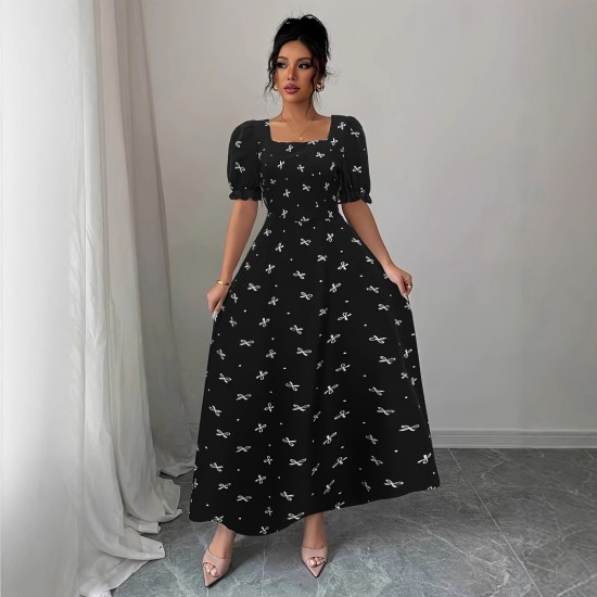New cross-border short-sleeved bow-knot maxi dress, slim waist, printed European and American short-sleeved bow dress. New cross-border short-sleeved bow-knot maxi dress, slim waist, printed European and American short-sleeved bow dress.