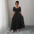 New cross-border short-sleeved bow-knot maxi dress, slim waist, printed European and American short-sleeved bow dress.