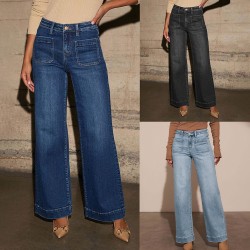 2025 spring new European and American high-waisted jeans for women, slimming, wide-leg, retro, elegant straight-leg pants.