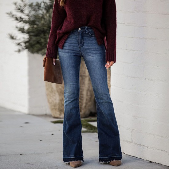 Factory direct sales: 2025 European and American cross-border foreign trade women's jeans, fashionable slim-fit stretch, raw-edge, high-waisted flared pants