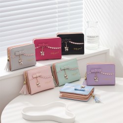 Cross-border Taobao bestseller, women's short wallet, foldable, fresh bow, kitten pendant, student wallet in stock