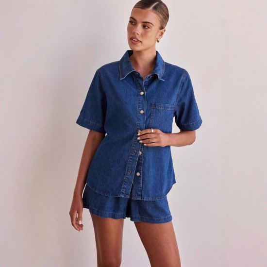 Casual style 2025 summer new cross-border foreign trade washed retro solid color short-sleeved shirt and shorts denim suit for women