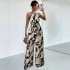 2025 Spring/Summer European and American style wide-leg trousers for women, fashionable printed waist-slimming halter-neck jumpsuit for women.