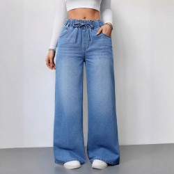 Cross-border washed solid color high-waisted wide-leg pants, 2025 new elastic waist women's jeans, loose and revealing Women's Skinny Pants